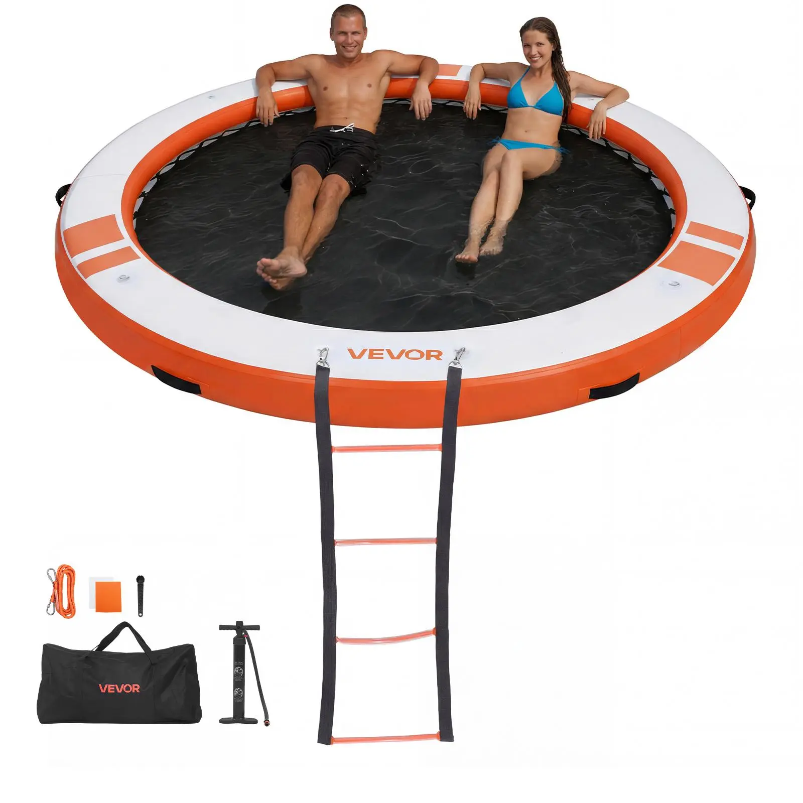 VEVOR 10 FT Nylon Inflatable Floating Dock Platform, 2700 G/㎡ per sq ft Non-Slip Air Mat with Manual, Portable Carrying Bag & Detachable Ladder, Pool Setup Water Fun Raft for Pool, Beach, Orange#BackToSchool
