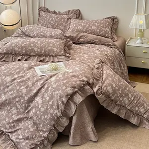 Vintage Washed Linen Bedding Set, Soft Comfortable Ruffle Sheet Set with 2 Pillowcases, Soft Bedding Sets, Comfy Bedding Set, Breathable Fabric, All-Season Use, Holiday Gift