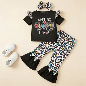 Baby Girls Summer Stylish Letter Graphics Mothers Day Gift Ruffle Sleeve Shirt Leopard Flare Pants Headband 3Pcs Clothing Set From 6m-3y Black 132408036