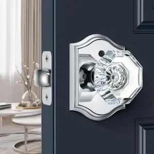 Glass Door Knobs, Privacy Crystal Door Knobs Interior with Lock, Modern Octagon Glass doorknobs Interior for Bedroom Bathroom, Polished Chrome Crystal Door Knob, 1/3/5 Pack