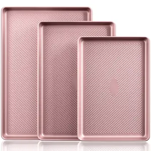 [BF&CM]HONGBAKE Diamond-Texture Baking Sheet Pan Set, Non-Stick Cookie Sheets, Teflon-Free Heavy Duty Bakeware - 3 Sizes, Baker, Pink Kitchenware Cooking