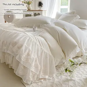 Princess Style Lace Trim Bedding Set, Includes 1 Fitted Sheet and 2 Pillowcases, Soft Breathable Fabric, All Seasons, Decorative Bedsheet Sets