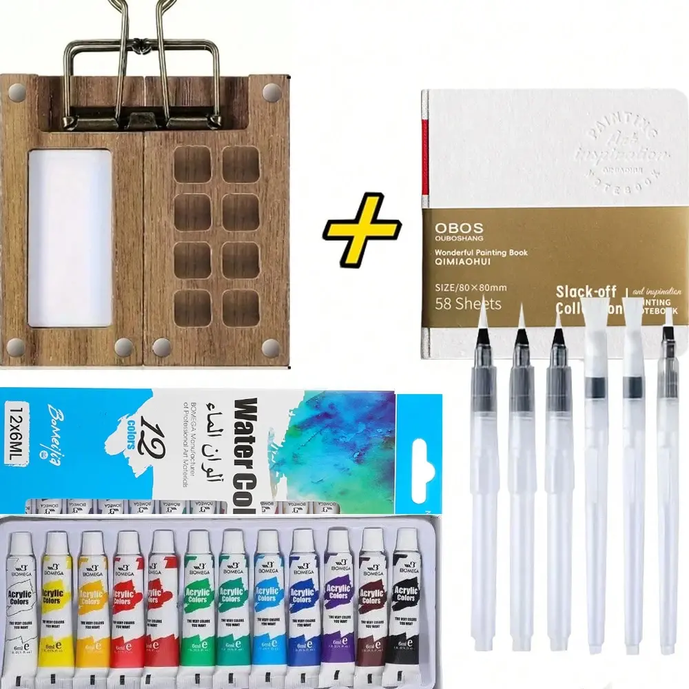 Portable Travel Watercolor Set - 15-Unit Wooden Palette + 12-Color Paint Box + 6 Mini Brushes, Compact Pocket Art Supplies, Student Painting Supplies, Art Materials, Watercolor Painting Supplies for Outdoor Sketching & Home Use, Ideal Festival Gift