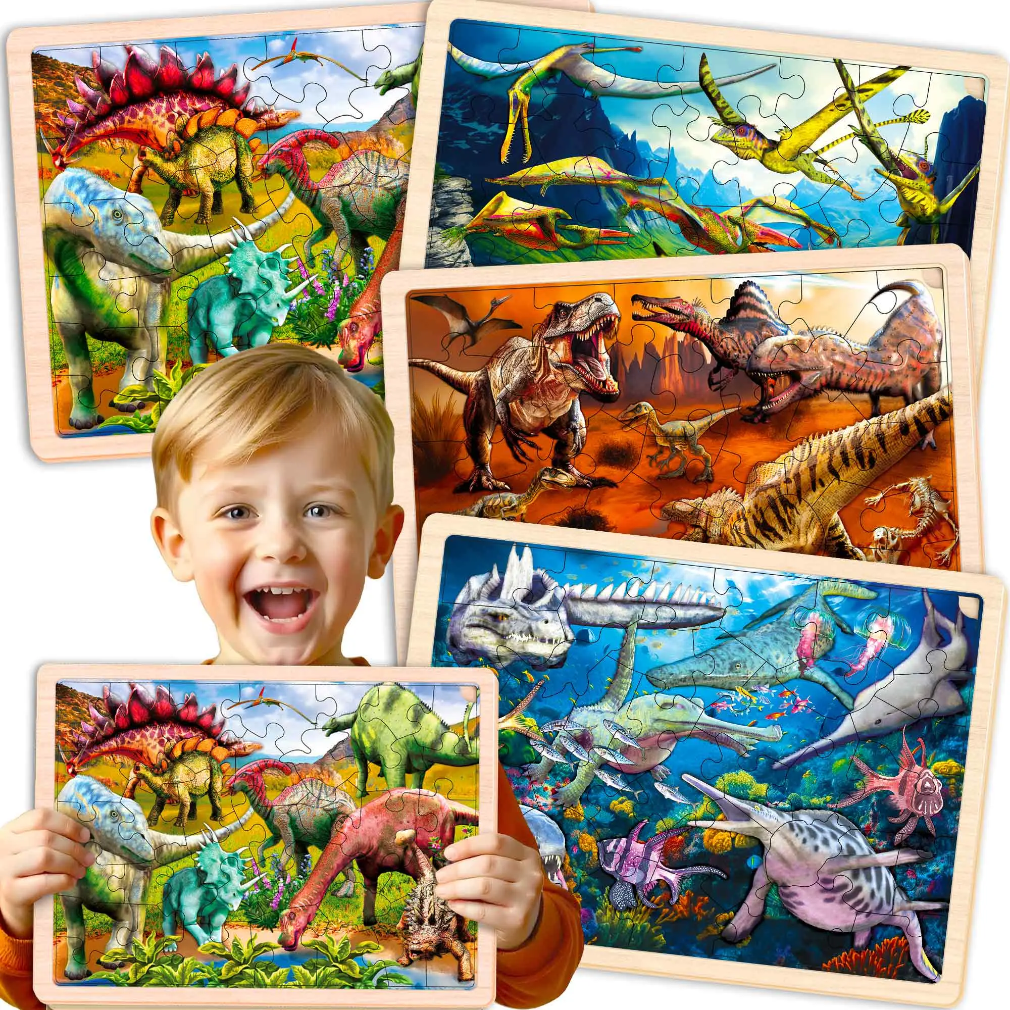 QUOKKA 4-Set 36-Piece Wooden Animal Shape Dinosaur Puzzles for Kids Ages 4-8, Montessori Boxed Puzzles Gift to Boost Hand-Eye Coordination, Box, Animal Shape Puzzle