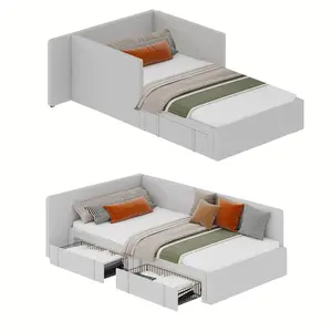Gray Twin Daybed with 2 Storage Drawers, Corner Bed Frame with Extended Headboard and Bed Rails, Velvet Upholstered Sofa Bed with Guardrail for Bedroom, Adjustable Installation