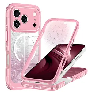 Suitable for iPhone 17 Pro Max /16 Plus/15/14/13/12/11 cases, compatible with Magsafe [Built-in tempered glass screen protector and camera lens protection] Full-body shockproof protection shiny phone case for women and girls, all pink