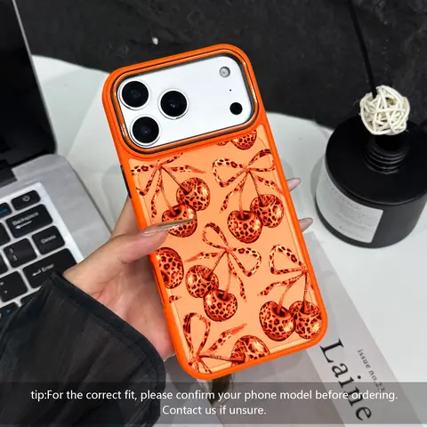 Fashion Cherry Pattern Acrylic+TPU Phone Case & Screen Protector Set, Shockproof Cover with Protection for iPhone 17Pro Max, Air, 16Plus, E, 15,14,13,12,11, Durable Mobile Accessories Gift for Girls
