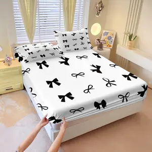 Black bow print fitted Sheet Set,1 Fitted Sheet & 2 Pillowcases without Filler, high-end and niche, with a minimalist yet stylish design, soft and comfortable, perfect as an anniversary gift, Multiple styles available.