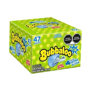 Bubbaloo Sour Blue Raspberry Splash Chewing Bubble Gum with Liquid-Filled Center, Box of 47 Pieces, Mexican Candy, Dulces Mexicanos Snack Natural Tangy