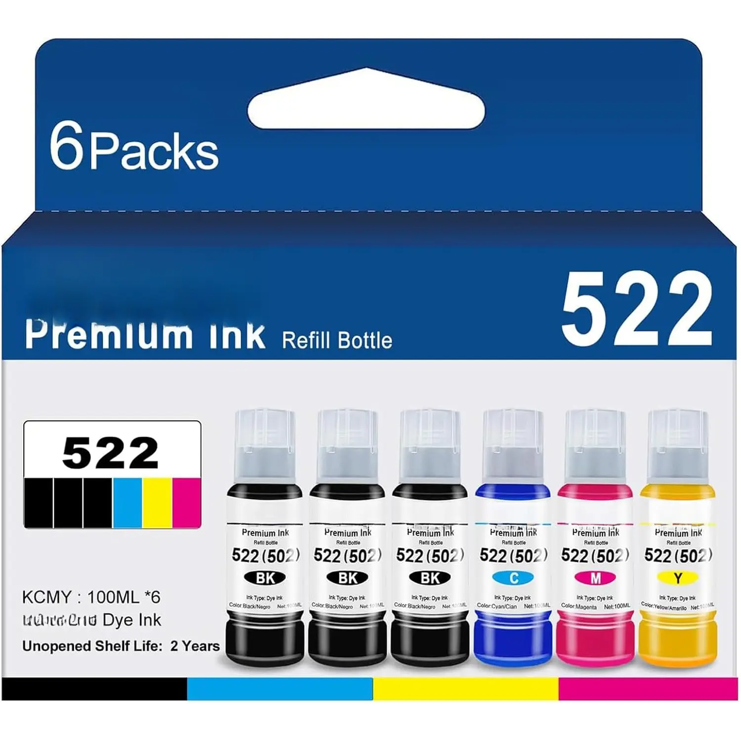 Compatible 522 High-Capacity Refill Ink Bottle (100ml Each, Black, Cyan) - Replacement for Epson 502 Ink Bottles, Works with EcoTank ET-2803, ET-2800, ET-2720, ET-3750, ET-4800, ET-4700, ET-2750