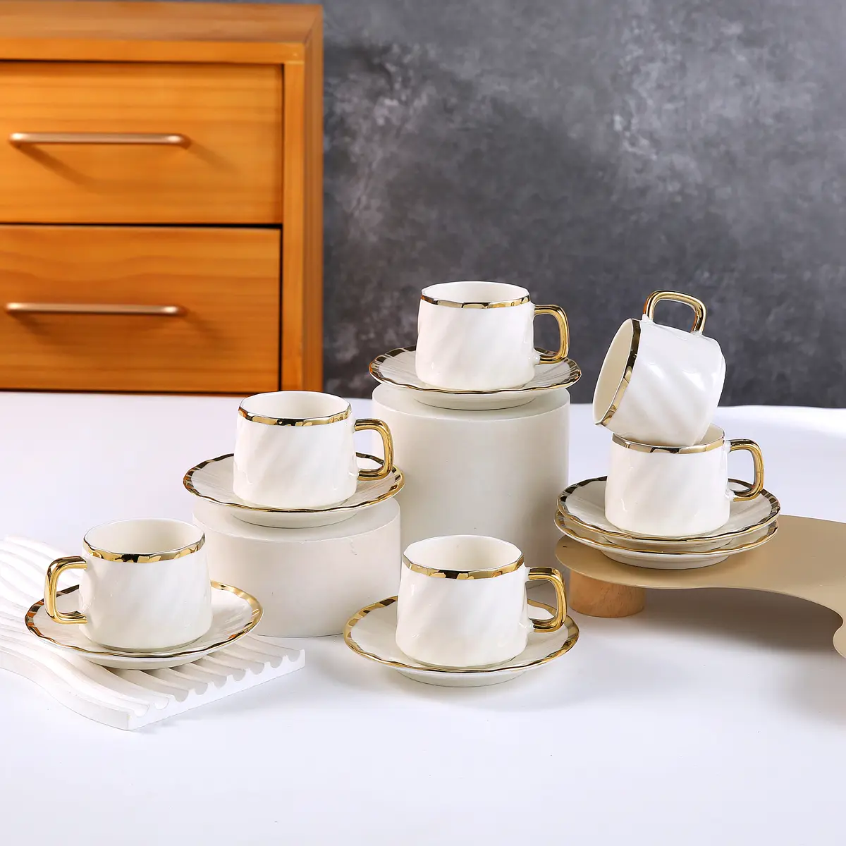 Coffee Cup Set of 6 with Saucers, 3.5 OZ Ceramic Espresso Cups, Deco Turkish Coffee Cup Gift for Cappuccino, Latte, Cafe Mocha and Tea, Dishwasher & Microwave Safe (Gold Trim)