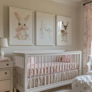 Nursery Wall Art Set of 3, Personalized Newborn Name Sign with Pink, Pink Rabbit Girl Nursery Decor Initial new baby above crib poster art #234