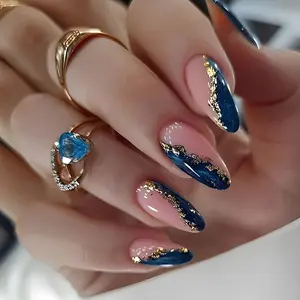 Blue Gold Striped Almond Nails 24pcs| Long Two-Tone Press-On Set| Elegant Gradient DIY Kit| Party Special Occasion Nails
