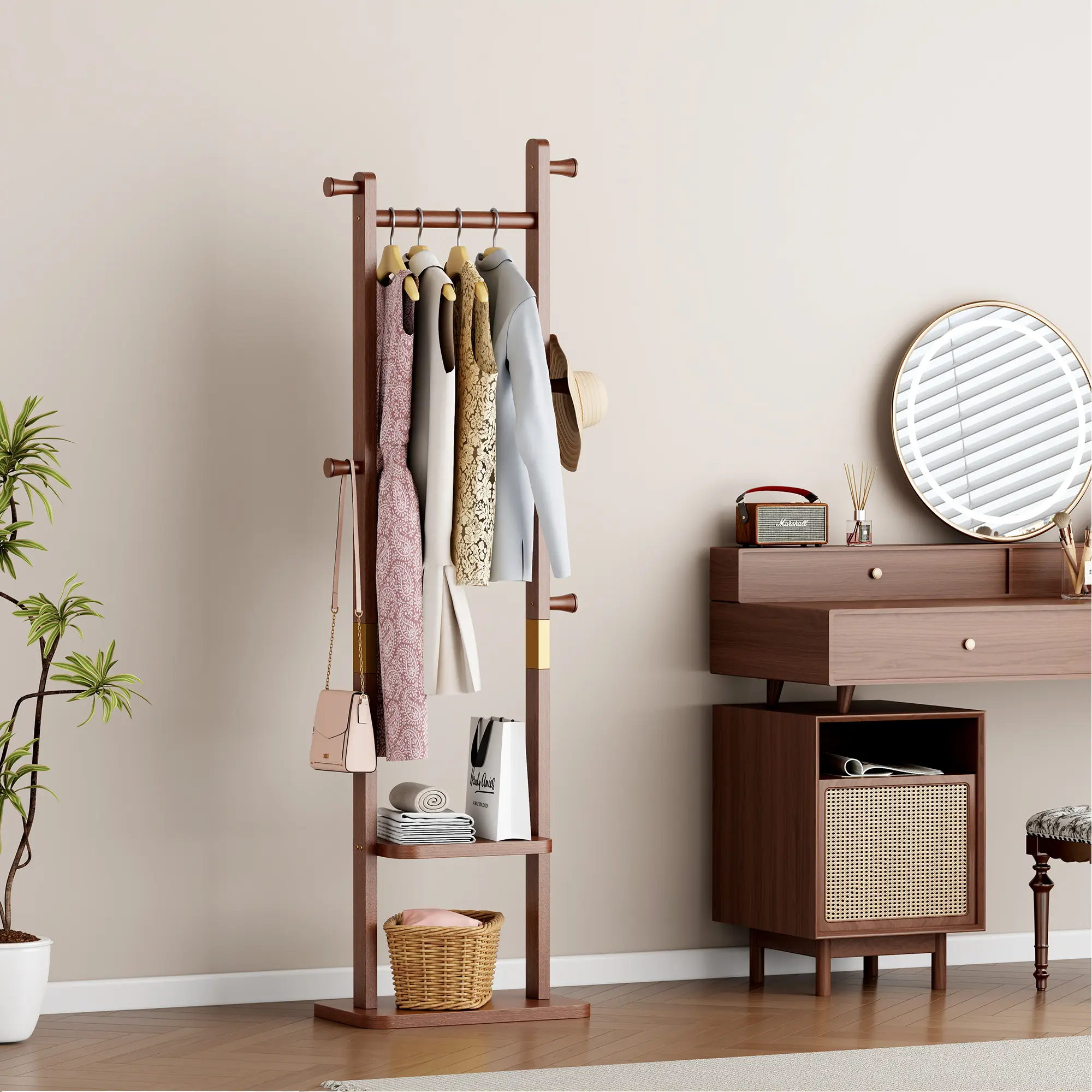 Traditional Solid Wood Coat Rack Stand, 71" Height Compact Base Floor Hanger, Heavy-Duty Natural Rubber Wood Frame, Easy Setup, Space-Saving Storage for Bedroom Entryway, Natural Grain Display Rack