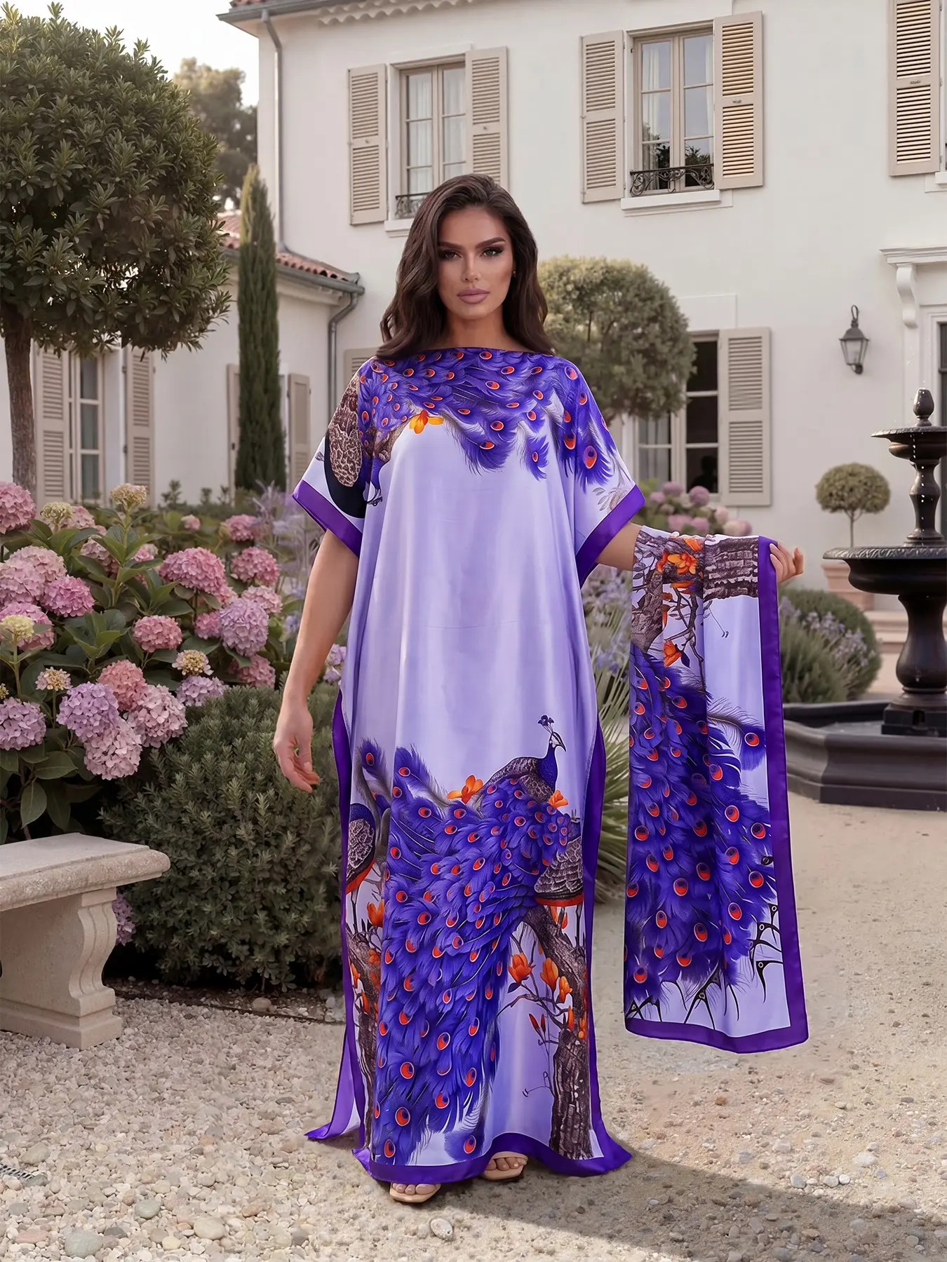 Elegant Silk-Printed Moo Moo Long Dress Set, Boho Style Wraparound Cape + Long Scarf, Women's Beach Cover-Up, Sun Protection, Beach Coverups
