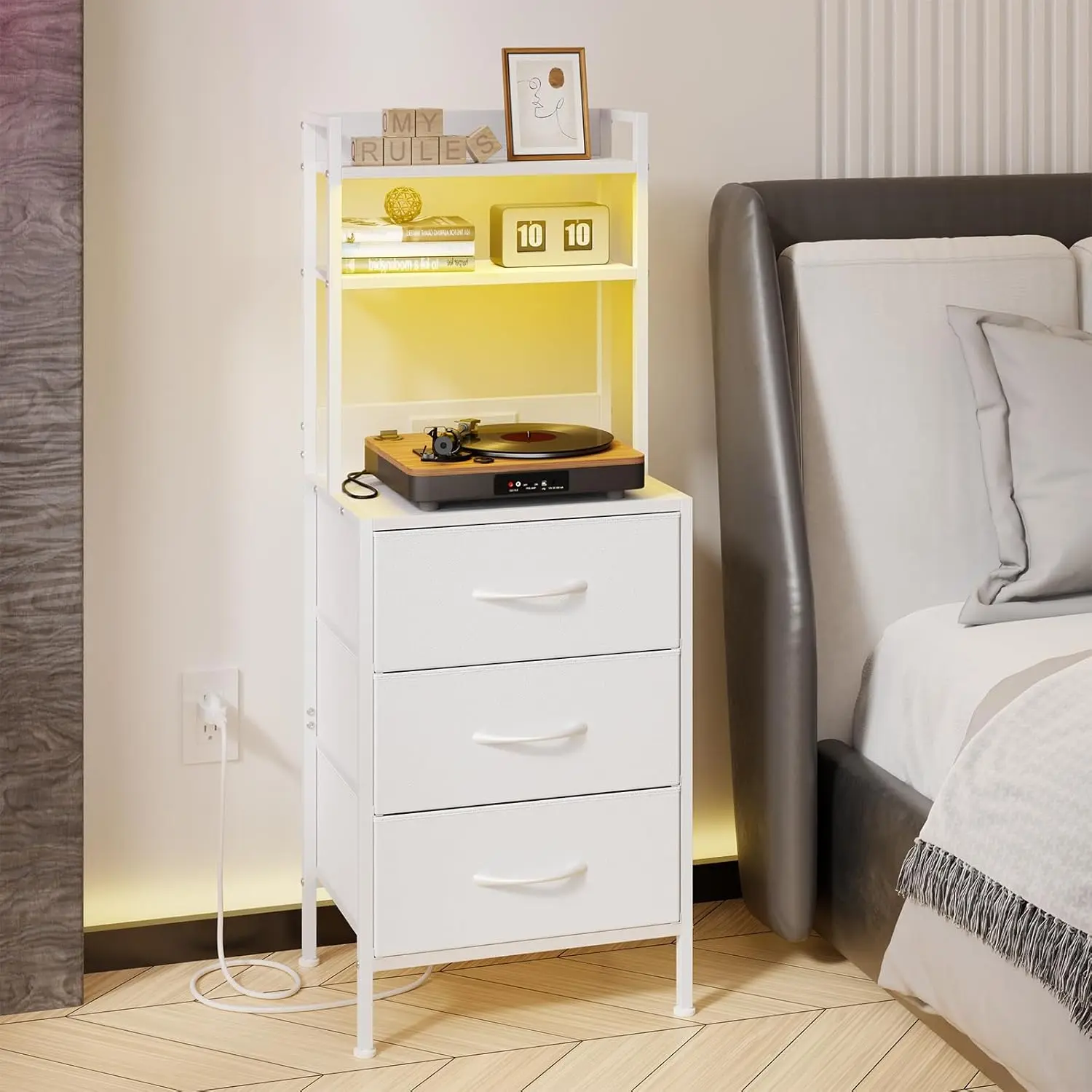 Tall Nightstand with Charging Station, 41 Inch Led Night Stand with U-S-B Port & Socket, 3 PU Finished Fabric Storage Drawers, Office, Bed Side Table & Bookshelf in One, White
