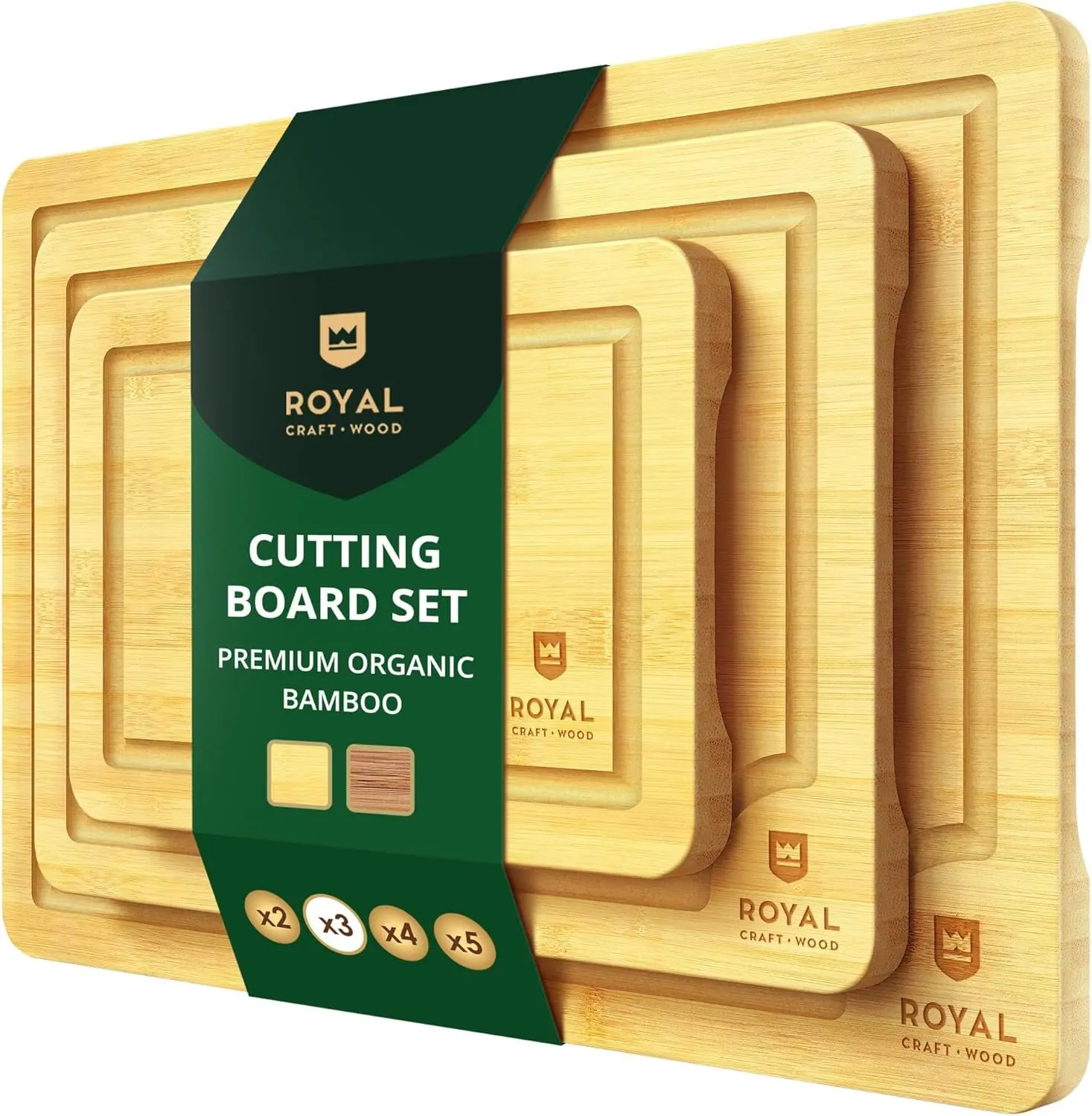 Royal Craft Wood Organic Cutting Board Set of 3 for Kitchen Cooking & Serving Bamboo Wood Cutting Boards Set - Knives Friendly Surface with Side Handles Kitchenware Boards With Juice Groove