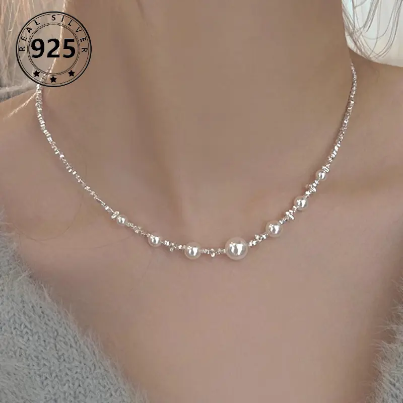 S925 Sterling Silver Delicate Pearl Choker Necklace - Clavicle Fit, Pearl Accents, Retro Look, Unique Luxury Design, Versatile Style - Ideal Gift for Proposal, Wedding Anniversary, Classic Jewelry Lovers