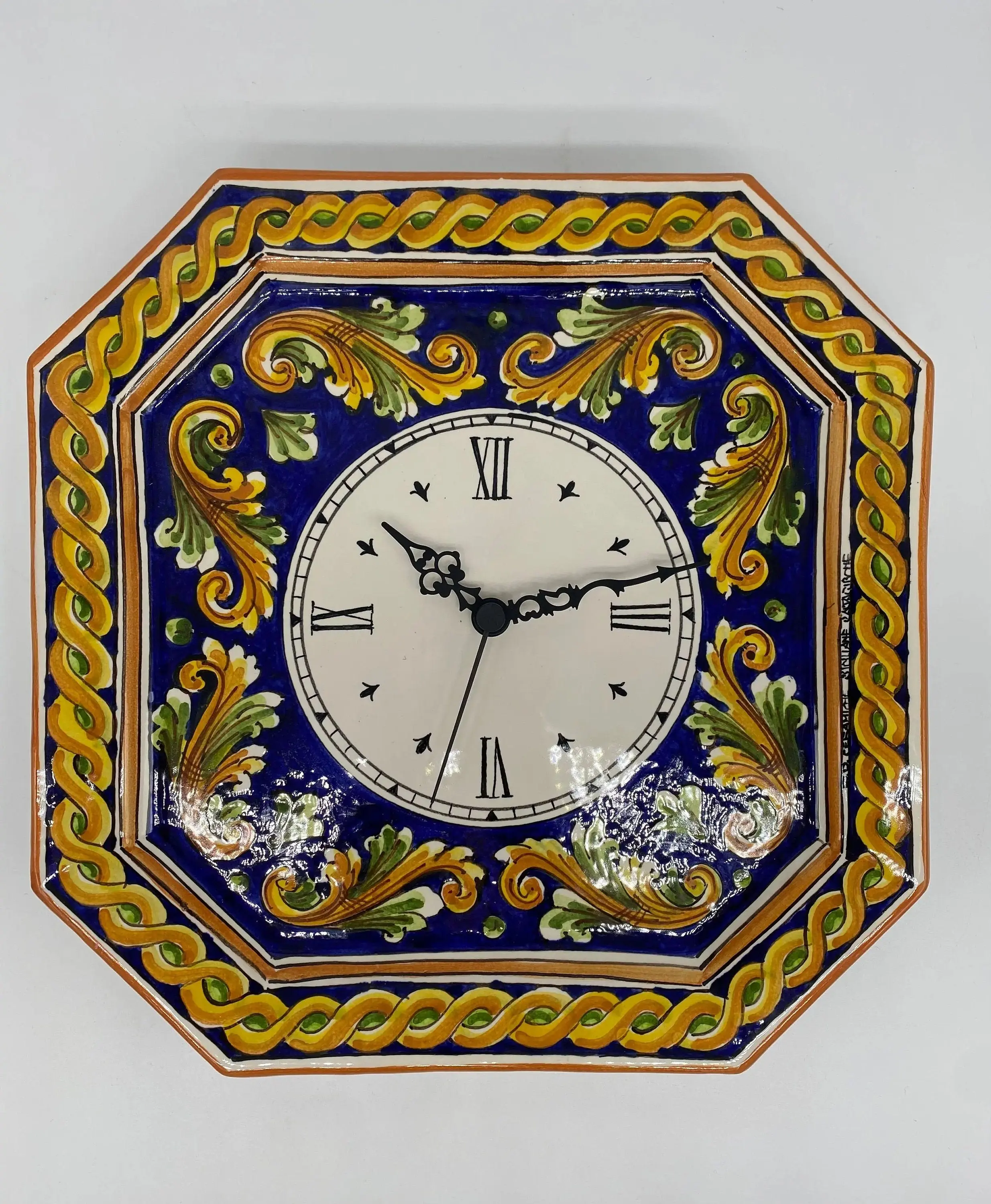 Caltagirone Ceramic Wall Clock Octagonal Hand Painted 32 cm Decoration n.2