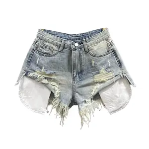 NewKorean Vintage Blue Sexy Ripped Jeans for Women Patchwork A-line High-waisted Denim Ultra Shorts