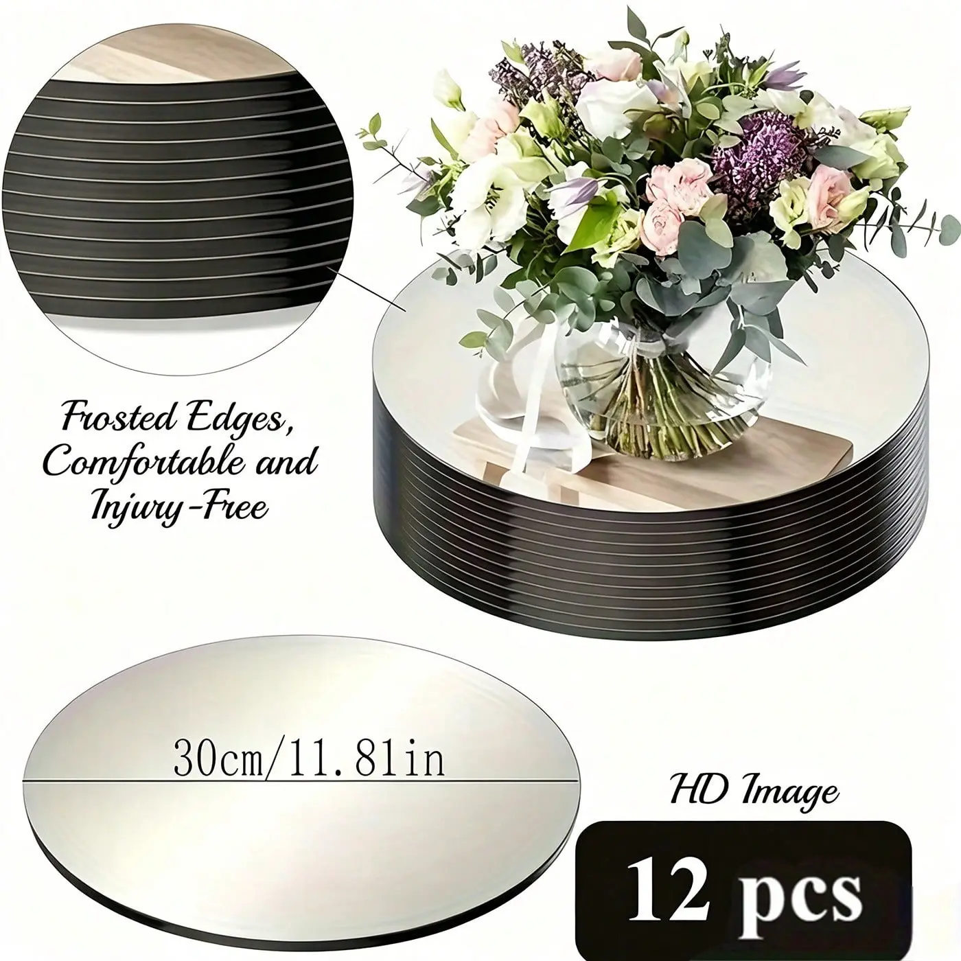 Acrylic Round Tabletop Mirror Tray, 30cm/11.81 Inches, 12pcs, Wedding Decor, Home Decor, Decoration Items, Self-Adhesive Wall Sticker, Table Centerpiece