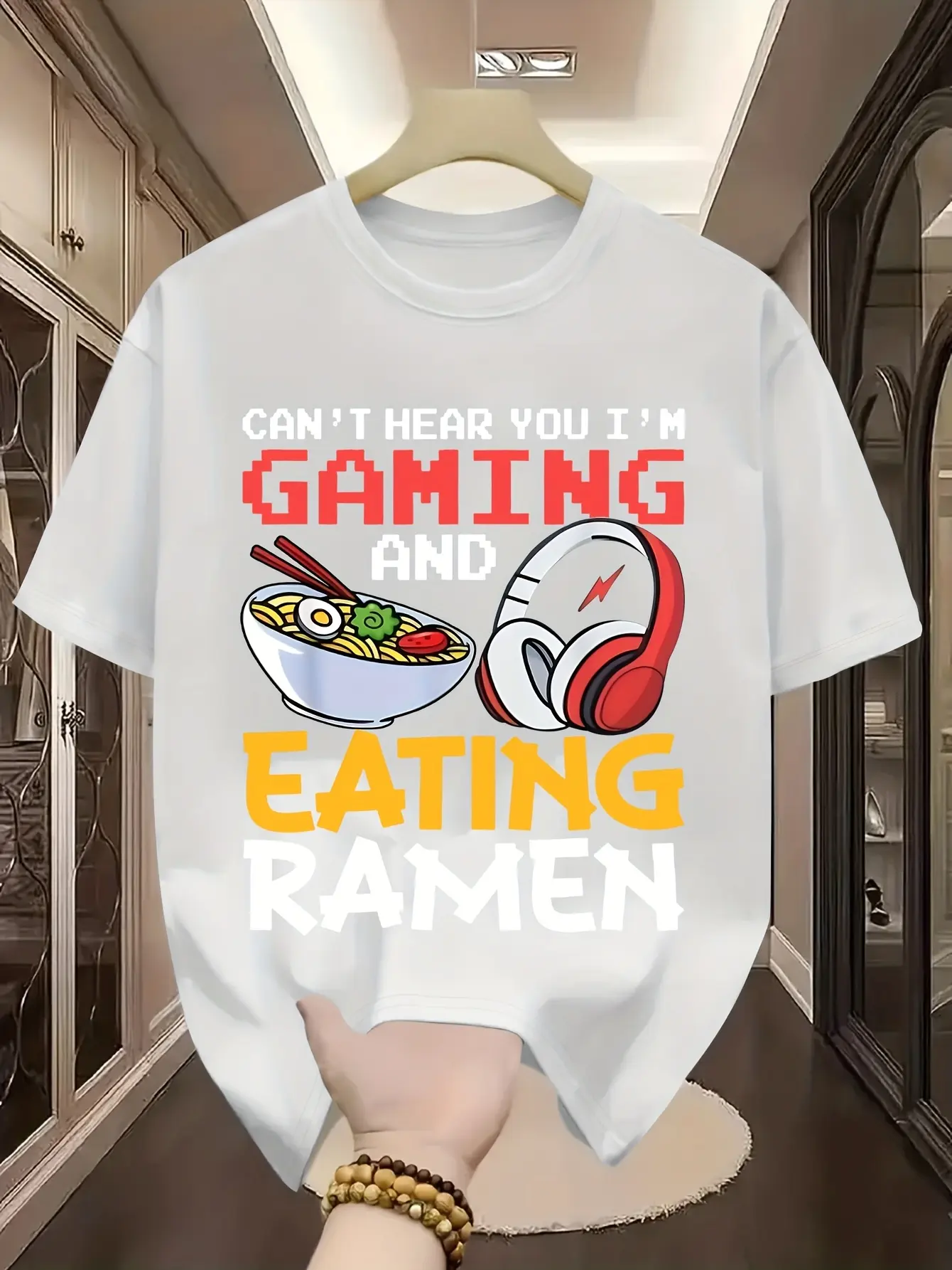 Unisex Short Sleeve Round Neck Gamer T-Shirt - Funny "Can't Hear Me Playing Games/Eating Ramen" Graphic, Summer Casual Streetwear, for PC/Console Gaming & Eating Challenge Videos, Do Not Dry Clean, Shortsleeve