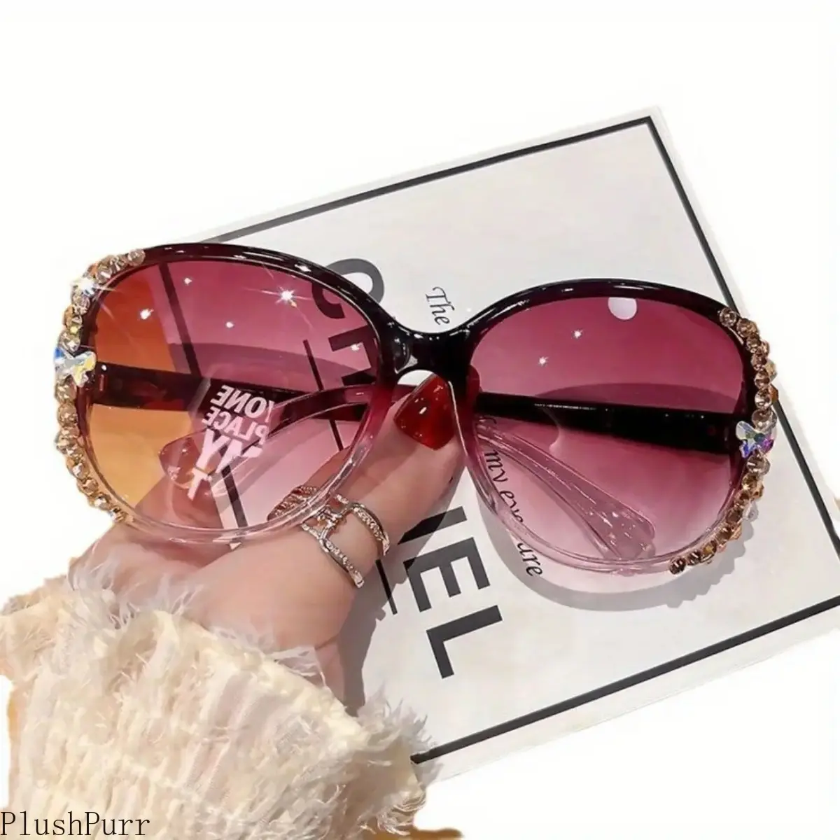 Women's 3-Piece Glamorous Crystal-Encrusted Demi Sunglasses Set - Purple Gradient Lenses, Half Frame Elegant Statement Glasses, Fashion Accessories, Party Wear, Mother's Day Gift, DIY Luggage Bag Accessory, Spring/Summer Outdoor Use (No Lens Care)