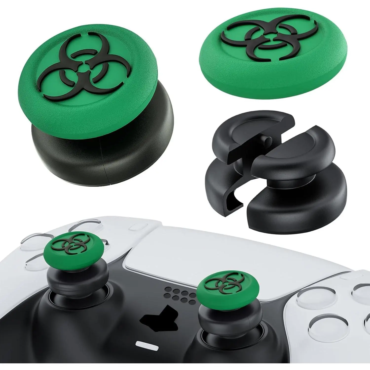 NO Falling Off Thumbstick Extender & Silicone Grip Cover 2 Sets for PS5 & PS4 Controller (BH Green)