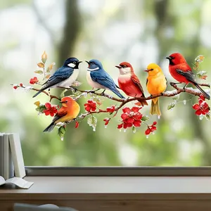 Window Sticker, Removable Window Decal, 6 Birds on Flowering Plum Branches, Creative New Decorative PVC Waterproof Self-Adhesive Removable, Perfect Holiday Gift