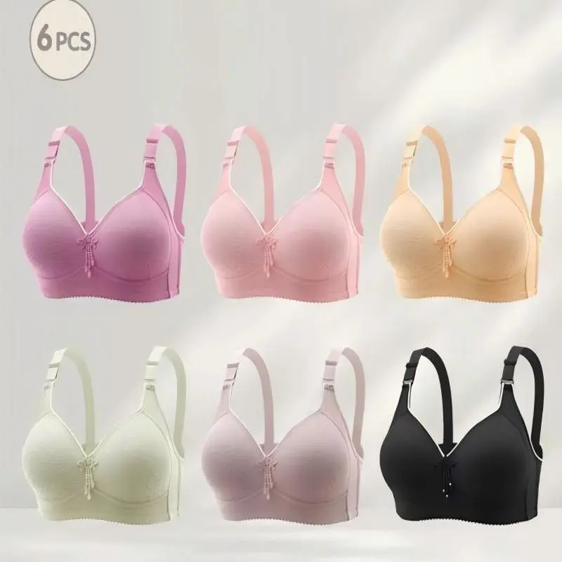 Women's 6-Piece Lace Bralette Set - Wireless Soft Bra Set with Flattering Fit, All-Day Wear Comfort, Multi-Size Solid Colors Lingerie Pack (Black)