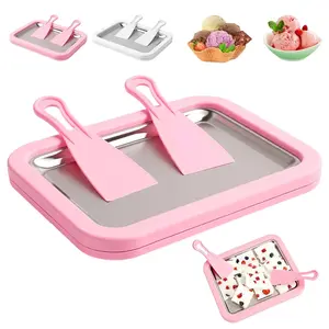 Rolled Ice Cream Maker Kit, Instant Freeze Pan with 2 Stainless Steel Spatulas, No-Power DIY Frozen Yogurt Gelato Dessert Tray for Kids, Summer Party Outdoor Fun, Kitchen Gadgets