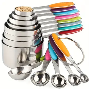 Colorful 5-Piece & 13-Piece Stainless Steel Measuring Cups and Spoons Set, Food-Grade Multifunctional Baking & Cooking Tools with Carving Marks, Detachable Stackable Reusable Dishwasher-Safe Kitchen Utensils, Thirteen Pcs