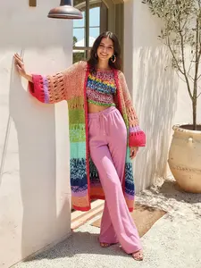 Women's Colorful Crochet Cardigan Sweater, Casual Long Sleeve Open Front Knitwear for Beach Vacation, Ladies Clothes for All Seasons, Knitwear Matching Clothes, Knitted Cardigan Tops