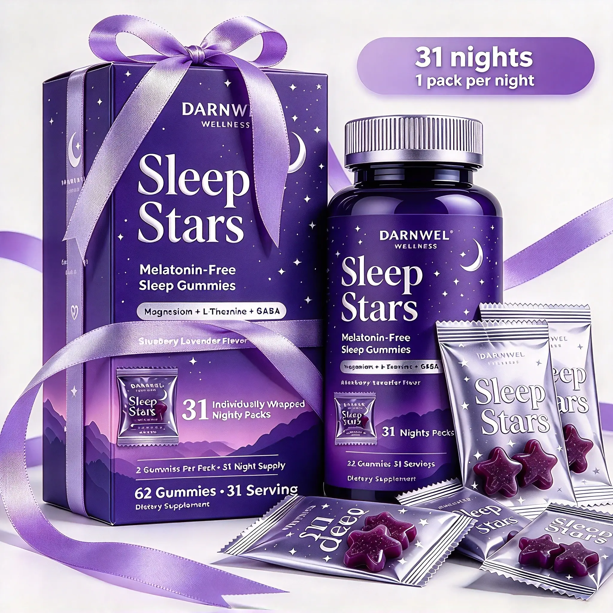 62 Sleep Gummies 31 Nights Individually Wrapped 2-Gummy Packs Melatonin-Free Sleep Gummies for Sleep Support Capsules Blueberry Lavender Bedtime Gummies DARNWEL