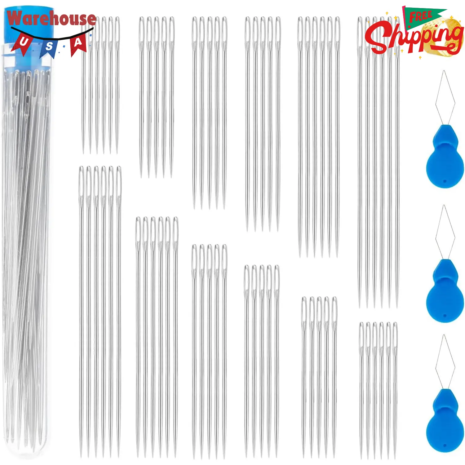 60Pcs Large Eye Sewing Needles for Leather, 6 Sizes