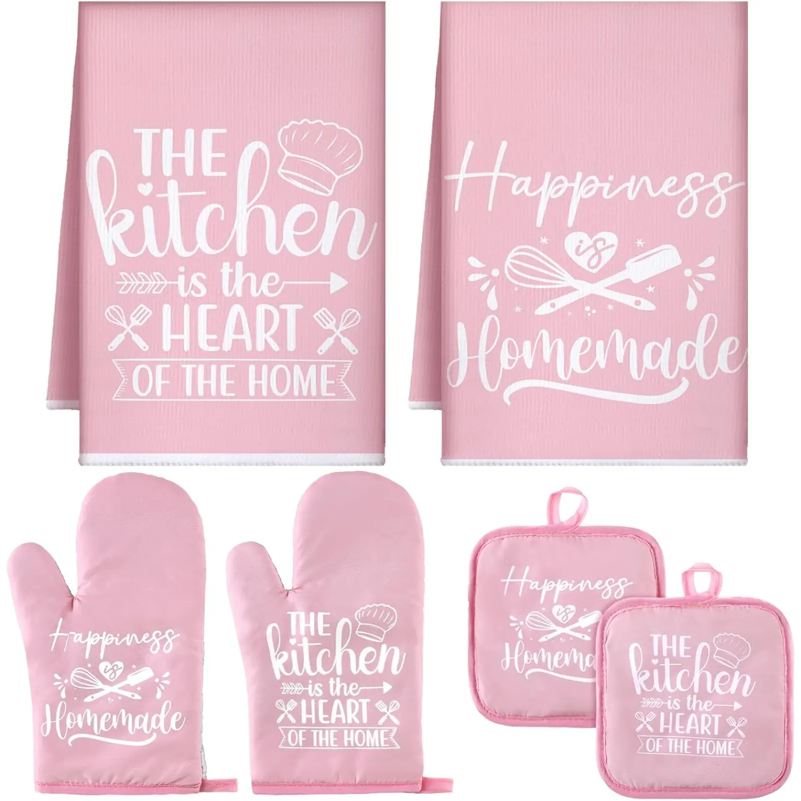 Pink Kitchen 6-Piece Set - 2 Dish Towels, 2 Oven Mitts, 2 Pot Holders for Everyday Use & Gifting - Microfiber & Polyester Cotton Materials - Comfortable Sizes for Cooking & Baking
