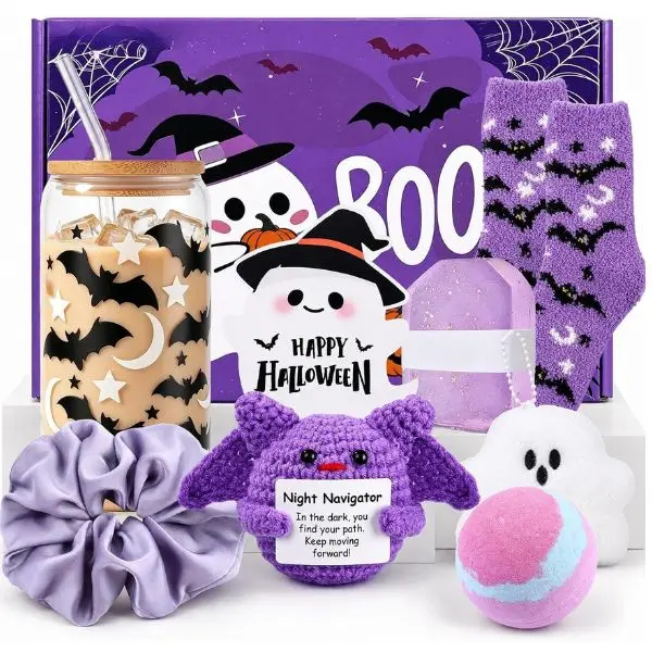 8PCS Halloween Boo Basket Gift Set for Women, Cute Crochet Boo Basket Stuffers with Spooky Glass Cup, Halloween Gifts for Women Teens Girls, Boo Basket for Her Sister Friend Adults, Fall Halloween Gift Set