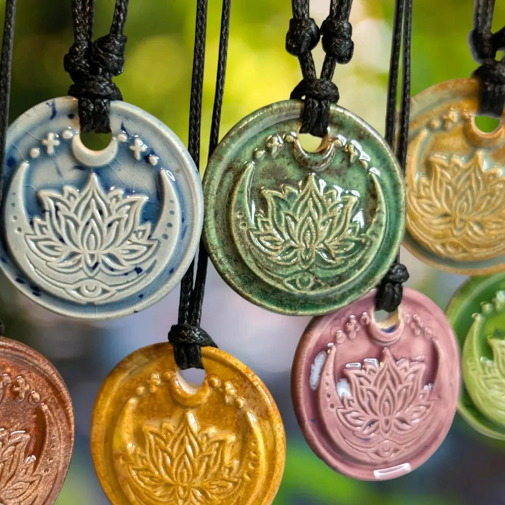 Lotus Moon Phase Floral Cottagecore Ceramic Wax Seal Pendant Hippie Whimsical Choker Adjustable Cord Necklace Clay Charms Chakra Handmade