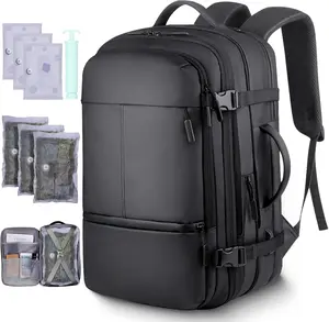 60L Expandable Vacuum Travel Backpack with Pump & 3 Compression Bags, Flight Approved Carry On Luggage, Fits 17" Laptop, Vacpack for Work Flight, Black