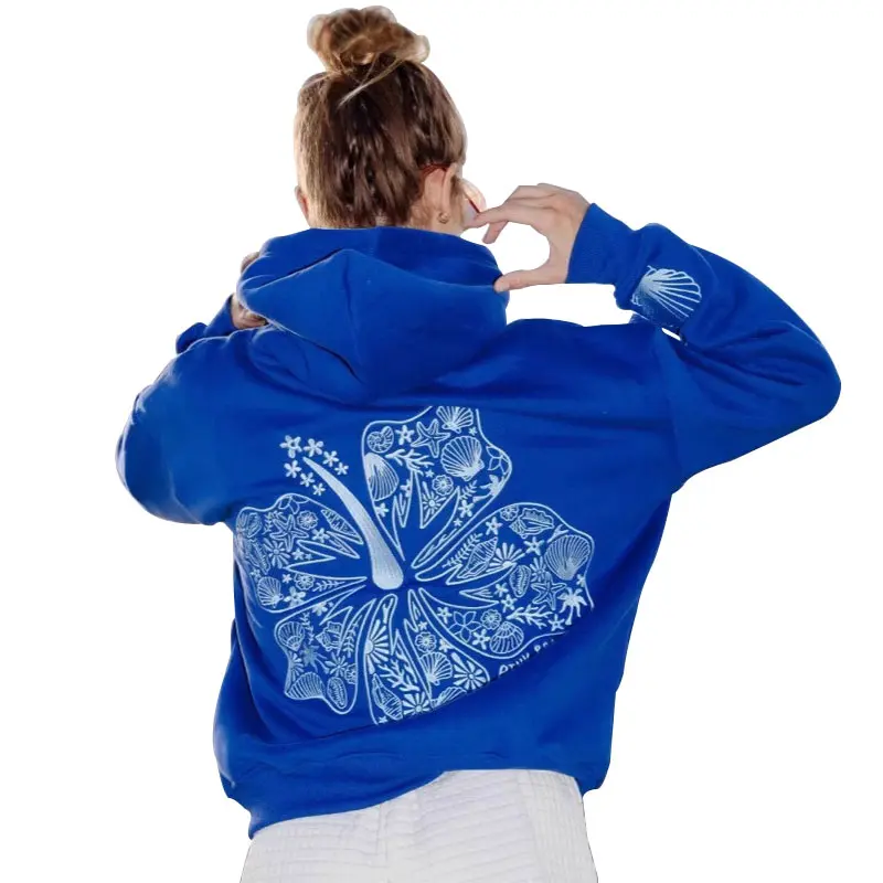 Women's Baggy Oversize Hooded Pullover Sweatshirt - Floral, Palm Tree, Ocean, Shell Prints, Tropical Island Style, Beach Streetwear, Spring/Fall Casual Essential, Comfortable, Machine Washable Womenswear Top