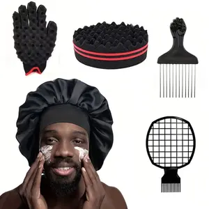 1/2/3/4/5pcs Curl Defining Hair Styling Kit with Twist Curl Sponge, Detangling Glove Brush, Afro Pick Comb, Curl Defining Grid Brush & Satin Bonnet – Natural Curly Hair Styling Tools Set for Twist Curls, Afro Hair, Coil Definition, Volume Shaping & Daily