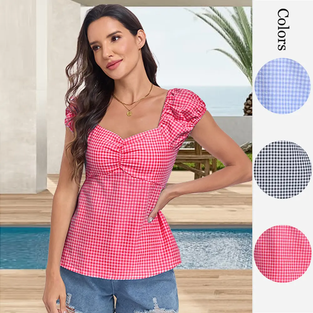 Women's Summer Plaid Gingham Shirts Puff Short Sleeve Babydoll Tops Y2k Cute Blouse Top SwimWeek summervibes