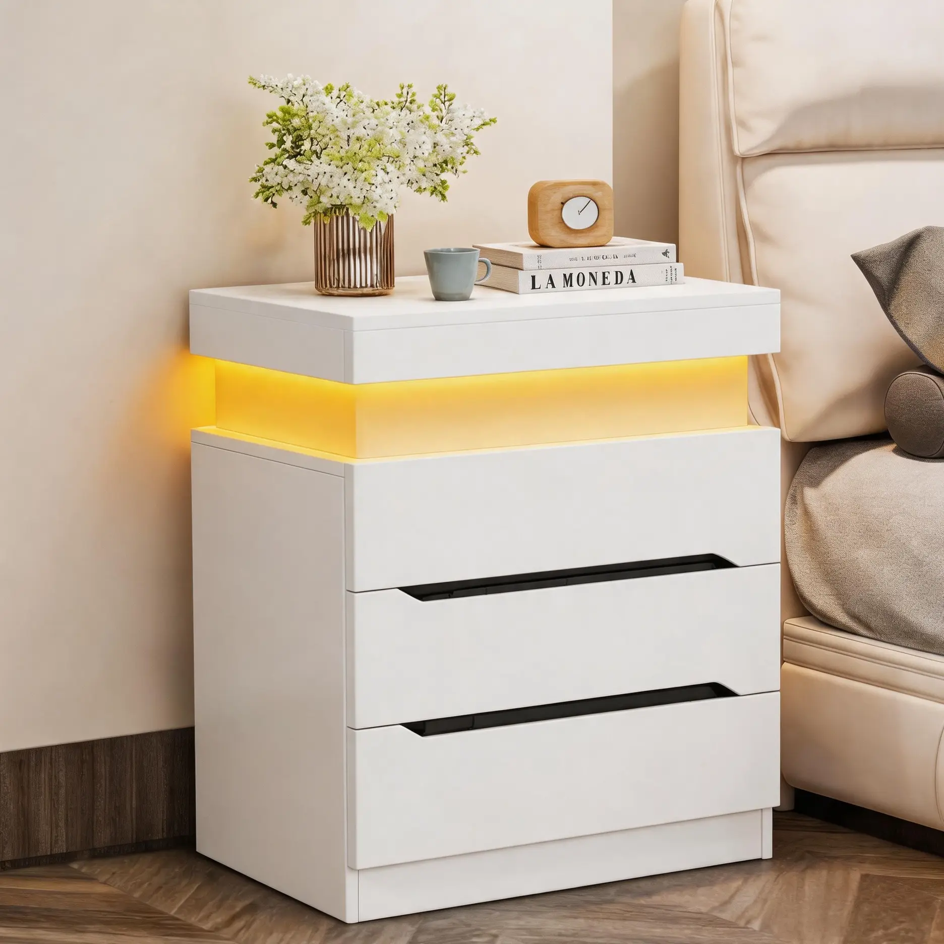Modern LED Nightstands Set of 2, 3 Drawers Bedside Storage Cabinet with Adjustable RGB Light Strip, Sliding Hidden Top Compartment & Anti-Tip Hardware,Bedside Table for Bedroom, Dorm Essentials，Living Room.