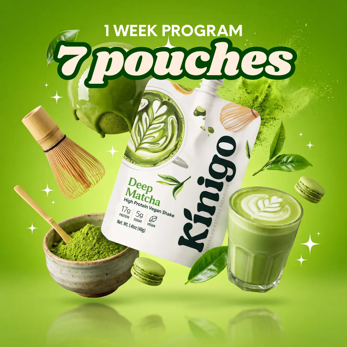 kinigo Korean vegan protein shake 7 pouch pack - Matcha, Chocolate, Multigrain