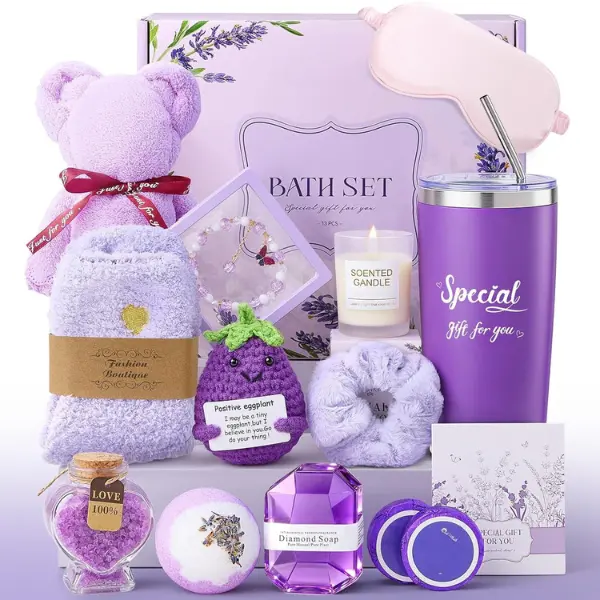 Halloween Fall Gift Baskets for Women, Mothers Day Gifts for Friends, Purple Birthday Valentines Women Day Easter Gifts Lavender Care Package Spa Basket for Girlfriend Wife Mom Sister