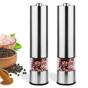 Electric Rechargeable Salt and Pepper Grinder Set with Automatic Mill,One-Hand Button Control,Silver Stainless Steel Kitchen Utensils Seasoning