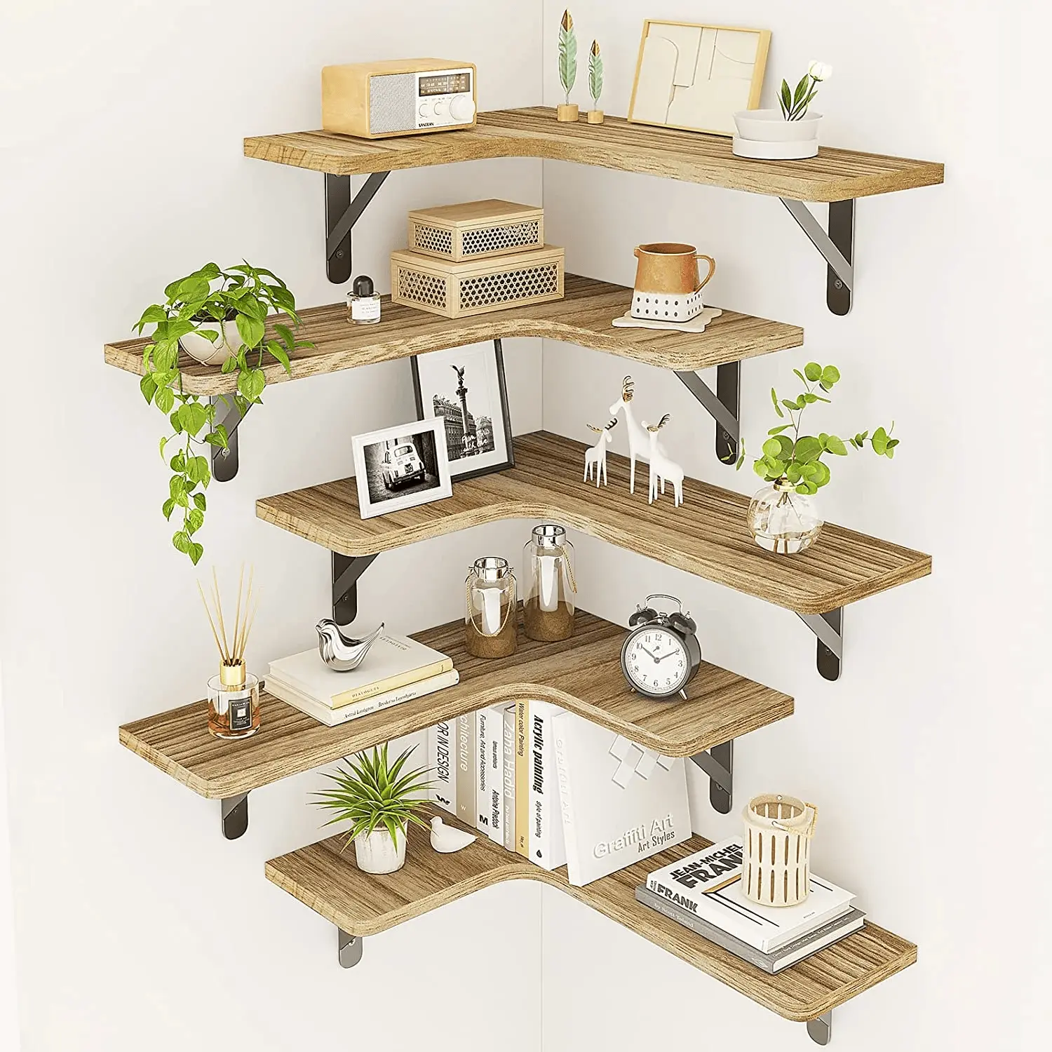 Rustic Wood Corner Floating Shelves - Wall-Mount Design, Set of 5, 16.1x11.4 in, Home Supplies, Room Decor, Storage Corner Shelf