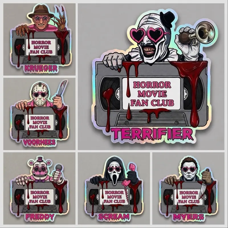 Horror Themed VHS horror fan | horror movie holographic | pink | blood drip - retro art clown ghost freddyfnaf terrifier Jason myer choice —Self Adhesive - Strong Hold, Multi-Use Spooky Vinyl Decal Sticker