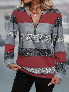 Women's Casual Striped Knit Sporty Sweater, Zipper Detail, Round Neck Pullover, Perfect for Spring Summer Fall