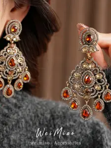 Silver Color Rhinestone Round Water Drop Fringe Earrings, Luxurious Vintage Ear Studs for Women, High-End Retro Jewelry